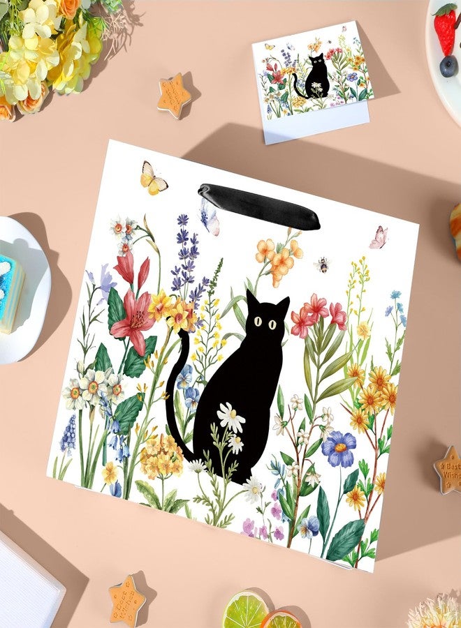 Woosytoo Cat Lover Gift Bag Back Cat Birthday Gifts Wrapping Paper Bag with Greeting Card for Boys Girls Women Men Spring Flower Black Meow Baby Shower Birthday Adoption Anniversaries Party Favors Supplies - Image 3